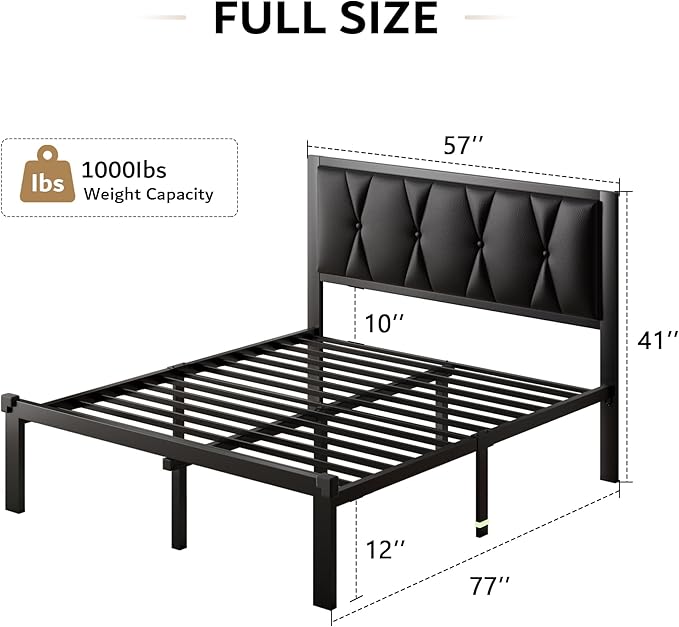 iPormis Full Size Metal Bed Frame, Faux Leather Button Tufted Headboard Platform Bed, Heavy Duty Slats Support, 12" Under Bed Storage, No Box Spring Needed, Easy Assembly, Black