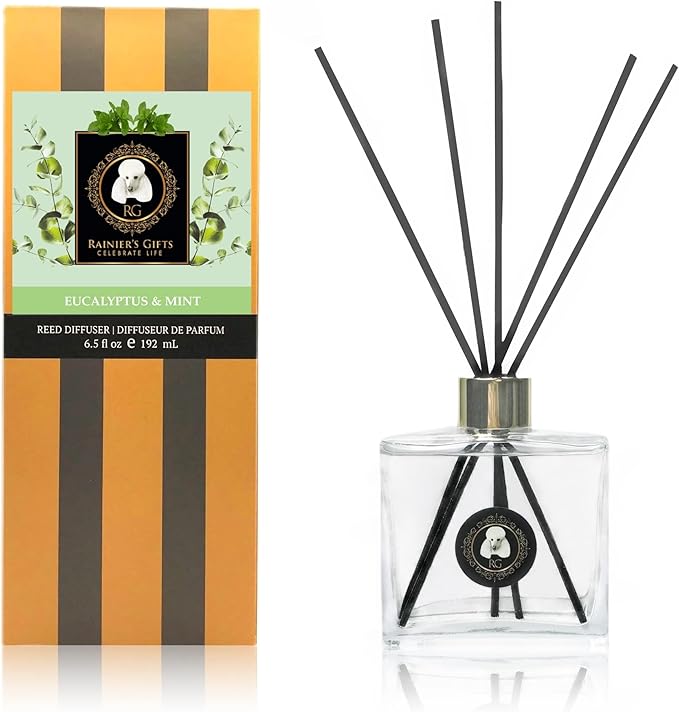 Rainier’s Gifts Reed Diffuser Set (Eucalyptus & Mint) - Scented Oil Diffuser Sticks - Home Fragrance Aromatherapy Air Freshener 6.5 fl oz