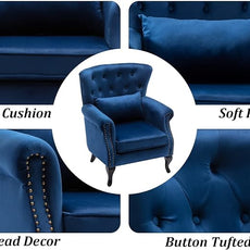 Mid-Century Accent Chair Modern Button Tufted Armchair Wingback Club Chair Velvet Single Sofa Lounge Chair with Pillow for Living Room Bedroom, Blue