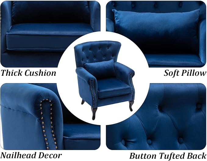 Mid-Century Accent Chair Modern Button Tufted Armchair Wingback Club Chair Velvet Single Sofa Lounge Chair with Pillow for Living Room Bedroom, Blue