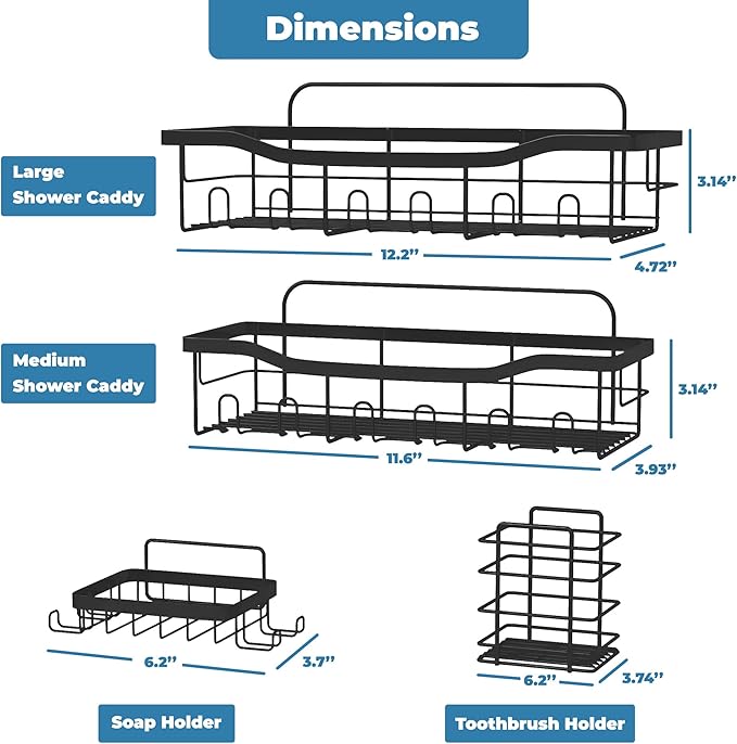 Fab Glass and Mirror 5-Pack Shower Caddy, Black - Shower Organizer & Shelves for Efficient Storage, Bathroom Caddy for Wall Organizer, Durable Wall Caddy