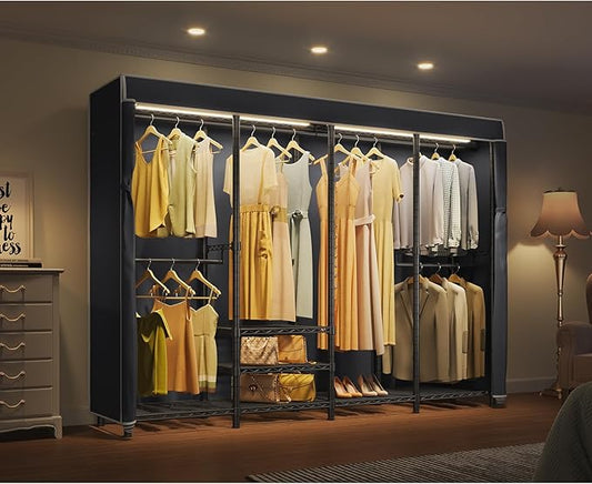 VIPEK V40LC Covered Clothes Rack with Dimmable LED Lights, Heavy Duty Garment Rack with Cover Portable Closet Wardrobe Clothing Rack for Hanging Clothes, Black Closet Rack with Black Oxford Cover