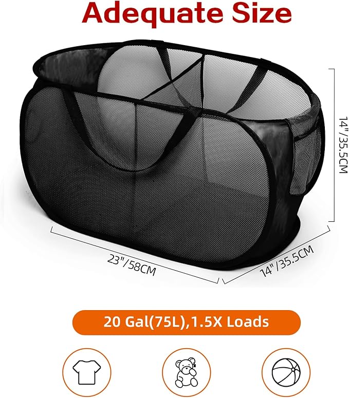 Foldable Laundry Baskets, Collapsible Mesh Laundry Hamper, Durable Pop Up Laundry Basket, 2 Compartments Clothes Hampers for Laundry, Easy to Carry & Sort for Dorm, Home, Kids Room, Travel Black