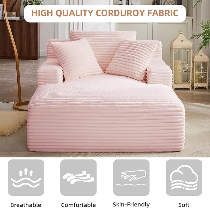 Oversized Chaise Lounge Chair Indoor Corduroy Sofa Bed with Throw Pillows Recliner Chair Comfy Large Deep Seat Sofa Couch for Living Room, Bedroom, Apartment (Pink)