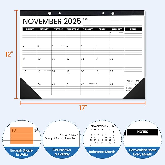 SUNEE Desk Calendar 2026 3 Packs - 18 Month Calendar Oct 2025 - Mar 2027, 17" x 12" Desktop Calendar with Notes, for Planning, Organizing in Family, School or Office - Black 2026 Calendar