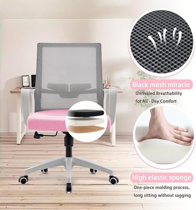 Office Chair ergonomically Designed with Breathable mesh backrest and Lumbar Support Adjustable Height Suitable for Offices Homes bedrooms Study Rooms (Pink)