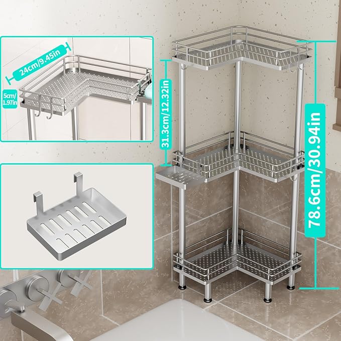 HapiRm Corner Shower Caddy Standing - 3 Tier Shower Organizer Corner with Soap Holder, Rustproof Bathroom Standing Organizer with 4 Hooks, Silver