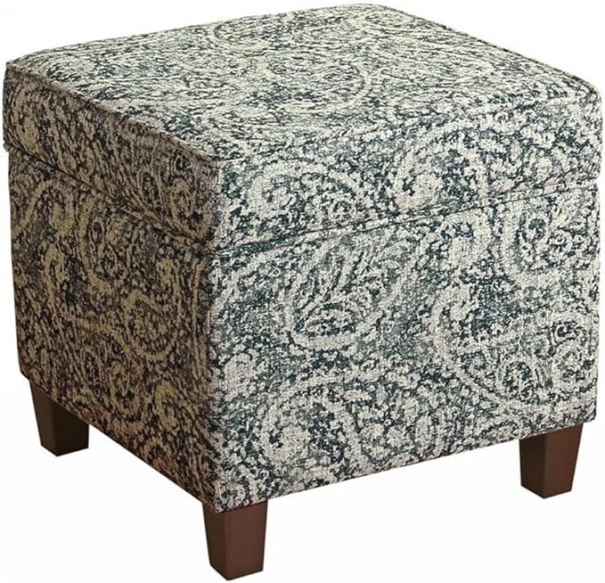 Homepop Home Décor|K7342-F2214|Classic Square Storage Ottoman with Lift Off Lid | Ottoman with Storage for Living Room & Bedroom, Gray Paisley Blue