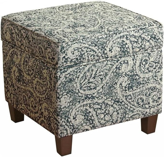 Homepop Home Décor|K7342-F2214|Classic Square Storage Ottoman with Lift Off Lid | Ottoman with Storage for Living Room & Bedroom, Gray Paisley Blue