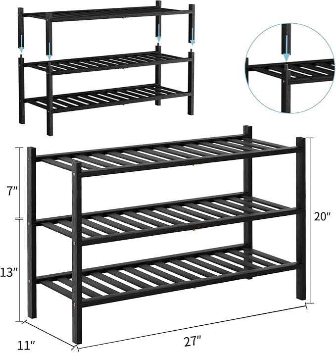 RONGJlA 3 Tier Bamboo Shoe Rack for Closet Free Standing Wood Shoe Shelf Storage Organizer for Entryway Small Space Stackable, Black