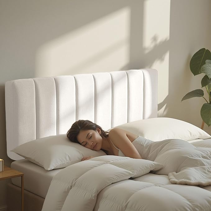 Hearth & Harbor Upholstered Full Headboard - Easy Assemble Channel Stitched Headboard Full Size - Wall Mounted Headboards with 3D Soundproof Wall Panels Peel & Stick Floating Headboards, Off White