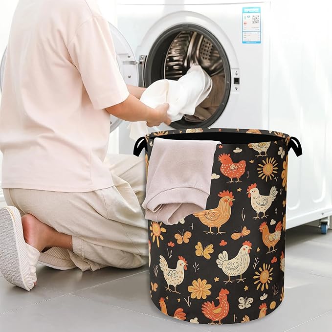 Cute Roosters Laundry Basket,Flower Butterfly Foldable with Handles Tote Bag Oxford Cloth for Bathroom Bedroom Dirty Clothes Storage Bucket 16" x 20.8"
