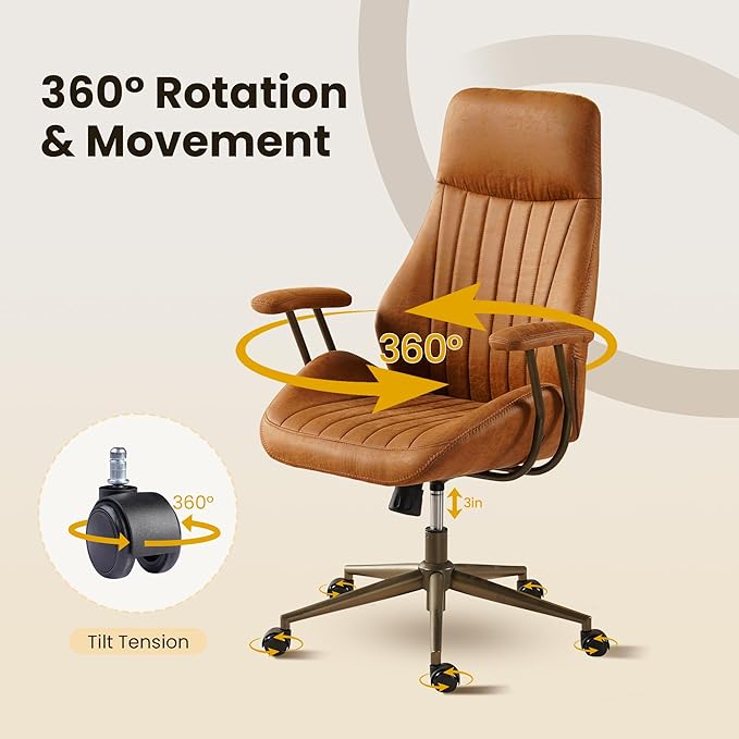 Home Office Desk Chair, Mid-Century Modern Office Chair with Adjustable Lumbar Support, Adjustable Height Executive Task Chair with 360 Rolling Swivel for Meeting Study Room(High Back, Brown)