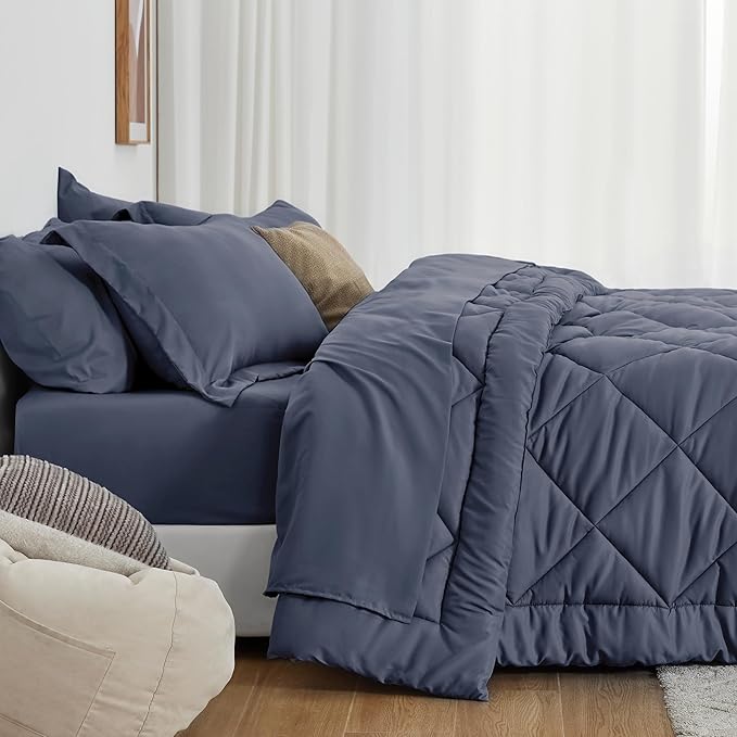 Love's cabin Twin Comforter Set Navy Blue, 5 Pieces Twin Bed in a Bag, All Season Bedding Sets with 1 Comforter, 1 Flat Sheet, 1 Fitted Sheet, 1 Pillowcase and 1 Pillow Sham