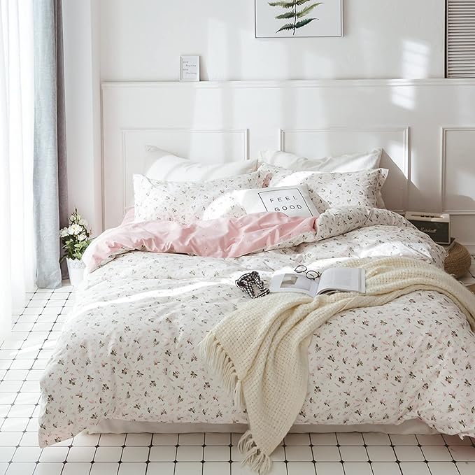 HighBuy Floral Girl Duvet Cover Twin XL Size Cotton White Pink Coquette Bedding Comforter Covers Twin XL Bedding Set Lightweight Soft Aesthetic Garden Style with Zipper Closure for Children
