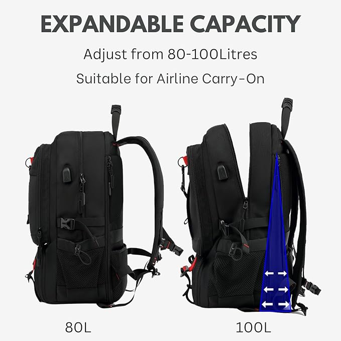 Large Laptop Backpack with Shoe Compartment, Waterproof Rucksack 15.6/17 Inch, Travel School Gym Work College Bags for Men (Black, JUMBO(80L))