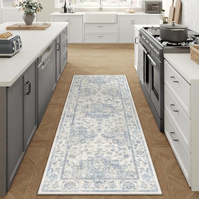 2x6 Washable Neutral Runner Rug Blue Vintage Hallway Kitchen Carpet Non-Slip Soft Low Pile Floral Throw Rug for Bedroom Bathroom Laundry Living Room
