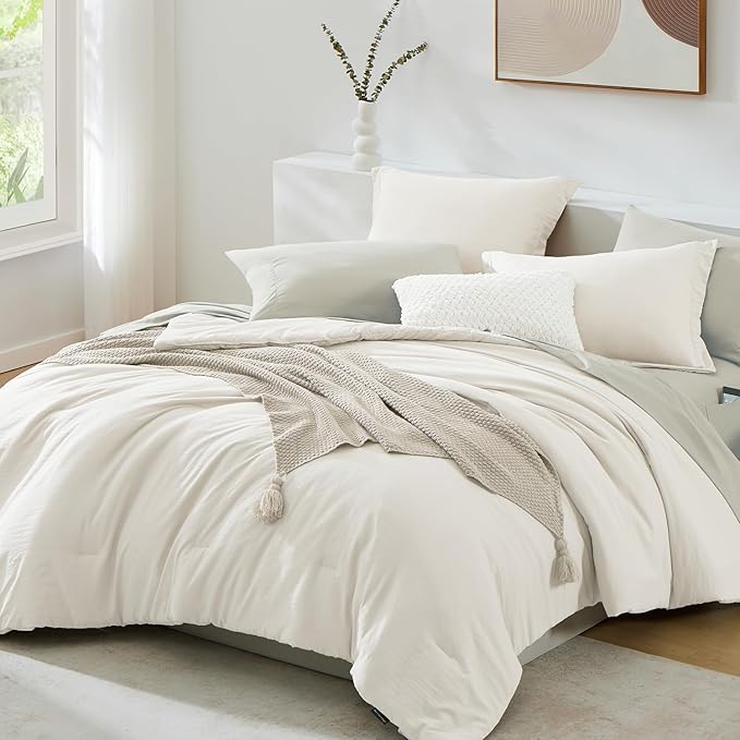 WRENSONGE King Comforter Set, 7 Pieces White Soft Bed in a Bag King with Fitted Sheet, Flat Sheet, 2 Pillow Shams, and 2 Pillowcases- Warm Bedding Set for All Season