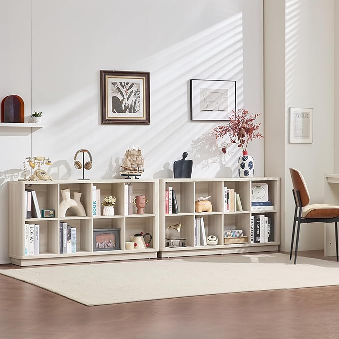 8 Cube Storage Bookcase, 52" Long Horizontal Book Shelf w/Curved Edge, Wood Floor Standing 2-Tier Cubby Console Bookshelf with Base, Modern Low TV Stand for Living Room, White Cream Oak