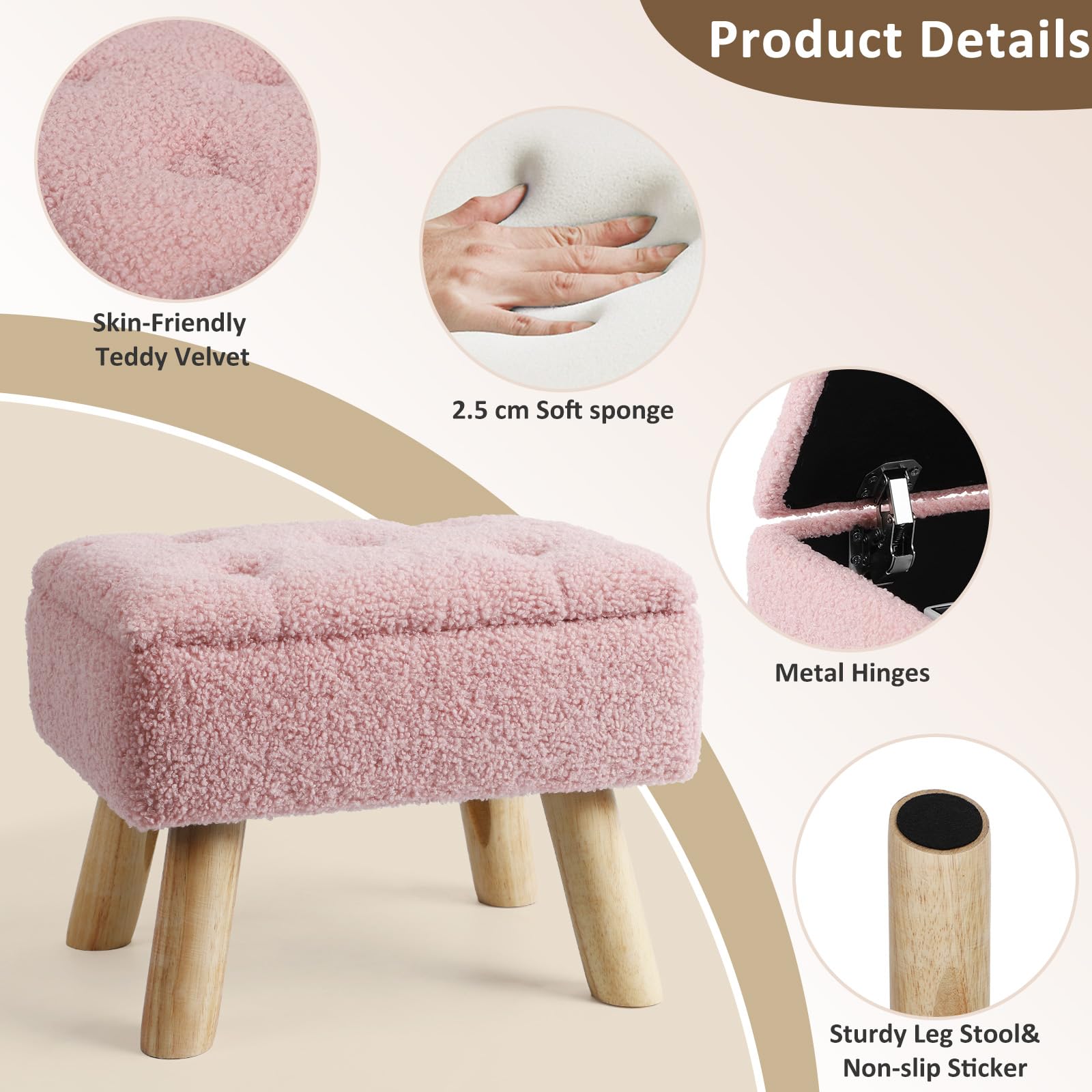 OGEMXU Storage Ottoman, Small Foot Stool Ottoman with Storage, Boucle Teddy Velvet Foot Rest with Padded Seat, Sturdy Wood Legs Stool for Living Room, Bedroom, Couch, Enterway (Cream) Dormly
