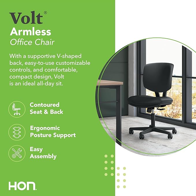 HON Volt Armless Office Desk Chair Comfy, Ergonomic Recline, Softhread Leather Back Seat, Swivel Desk Chair, Black