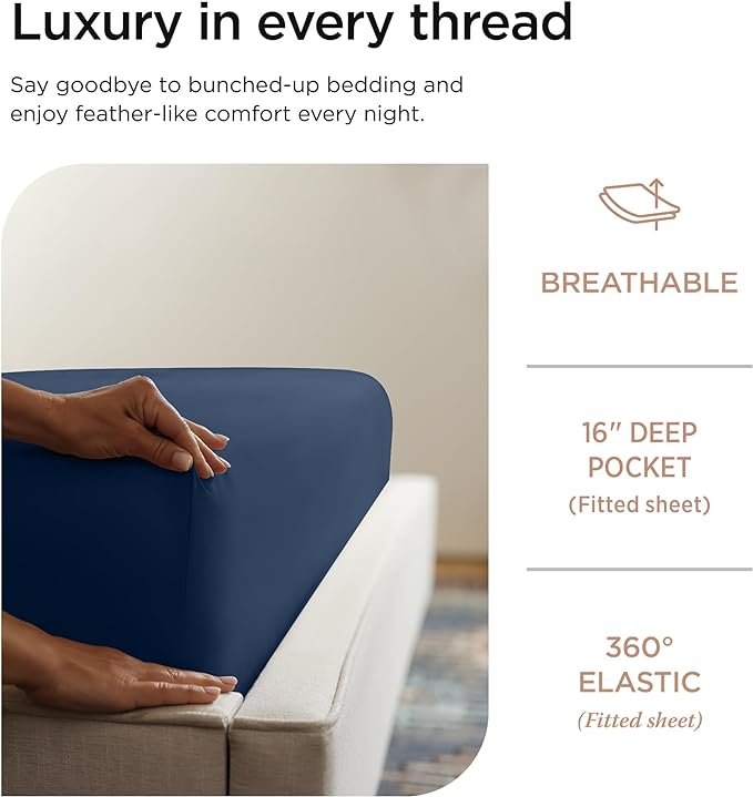 Threadmill 100% Cotton Sheets for Twin Size Bed - 600 Thread Count Twin Bed Sheets Set with 15” Deep Pocket - Sateen Weave 3-Piece Bedding Set with Cooling Effect, Folkstone Blue