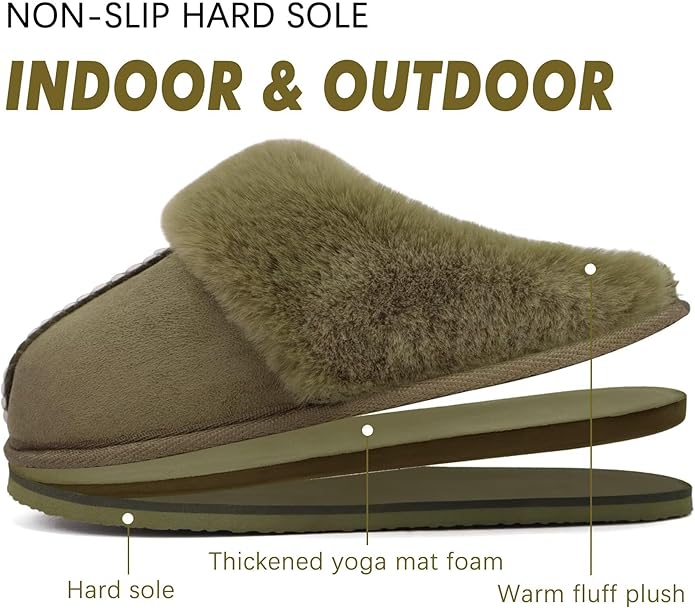 KuaiLu Womens Fluff Dual Memory Foam Slippers Ladies Cozy Arch Support Warm Scuff Slippers Slip on Comfy Winter House Shoes with Non-Slip Indoor Outdoor Hard Sole