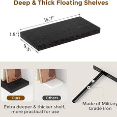 Floating Shelves 16 Inch Long, Wall-Mounted Bathroom Shelves Set of 2, 9.3 Inch Deep Shelf for Home Storage & Display, Wooden Deep Wall Shelves for Bedroom, Living Room, Kitchen, Black Color