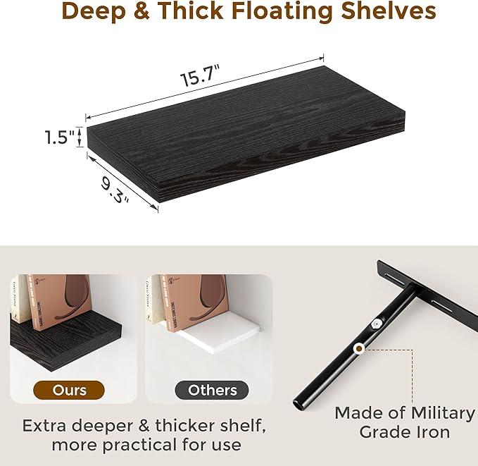 Floating Shelves 16 Inch Long, Wall-Mounted Bathroom Shelves Set of 2, 9.3 Inch Deep Shelf for Home Storage & Display, Wooden Deep Wall Shelves for Bedroom, Living Room, Kitchen, Black Color