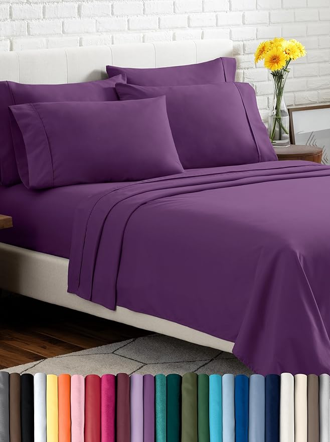 Bare Home Hotel Luxury King Sheet Set, Extra Soft - 6 Piece Set - Deep Pockets - Easy Fit - Cooling & Breathable - Wrinkle, Fade, Stain Resistant - Includes 4 Pillowcases (King, Plum)