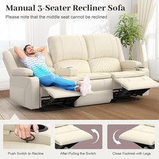 3-Seater Recliner Sofa, Manual Reclining Couch with Multi-Functional Middle Seat, Reclining Sofa for Living Room with Hidden Storage Space, Cup Holders, and Removable Console