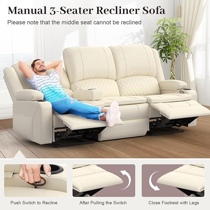 Recliner Sofa, 3 Seater Manual Reclining Sofa with 2-Tier Cushion, Reclining Couches for Living Room with Removable Console, Hidden Storage Space, Cup Holders - White