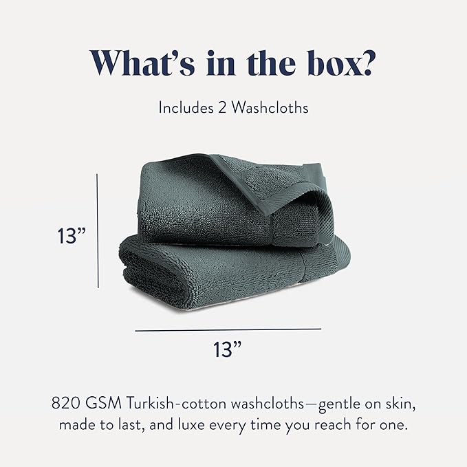 Brooklinen Super-Plush Turkish Cotton Washcloths - Set of 2 - Cotton, 820 GSM, Highly Absorbent, Machine Washable, Perfect for Home & Bathroom (13" x 13", Slate Grey)