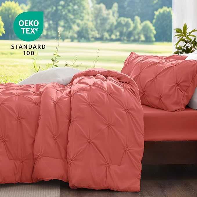 BEDELITE Coral Twin Comforter Set - 2 Peices Boho Pintuck Bedding Comforter Sets, Lightweight Soft & Warm Twin Bedding Sets with 1 Pillowcase for All Season