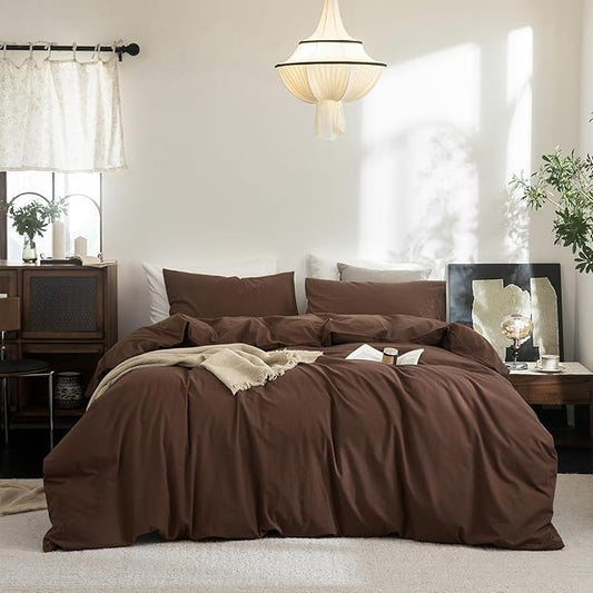 FOSSA Duvet Cover Set 100% Washed Cotton Linen Feel Super Soft Breathable Cozy 3 Pieces Bedding Sets Solid Cocoa Brown Oversized King