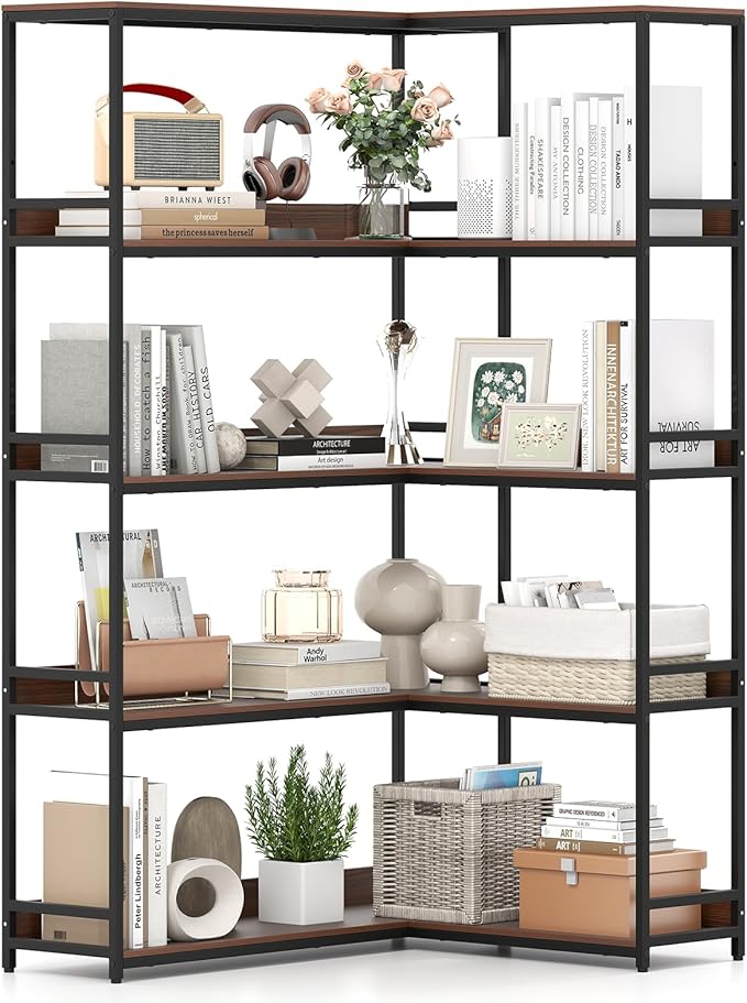 Giantex 5-Tier Corner Bookshelf, 71" L-Shaped Bookcase, Tall Etagere Bookshelf with Metal Frame, Industrial Open Display Shelf, Vertical Storage Rack for Living Room, Study, Office (Walnut)