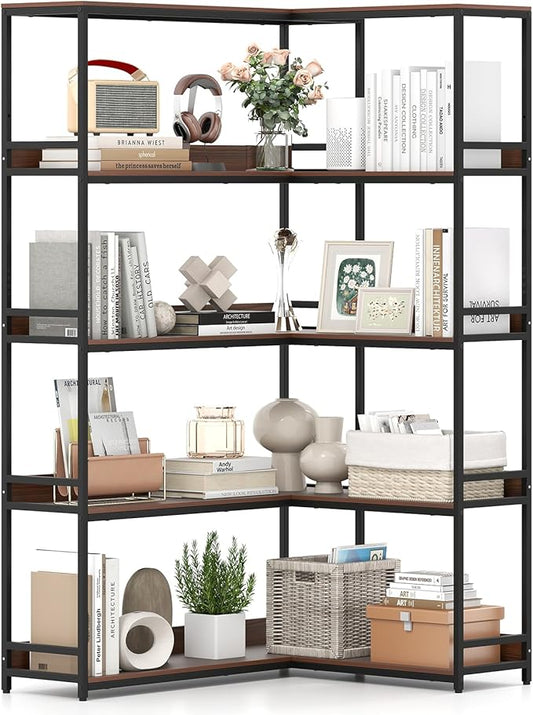 Giantex 5-Tier Corner Bookshelf, 71" L-Shaped Bookcase, Tall Etagere Bookshelf with Metal Frame, Industrial Open Display Shelf, Vertical Storage Rack for Living Room, Study, Office (Walnut)