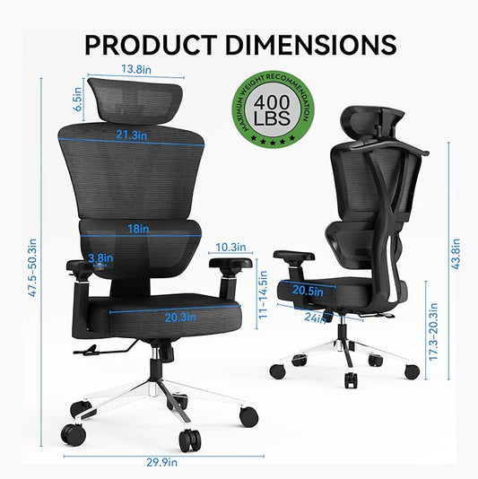 Ergonomic Office Chair, high-Back Office Chair, Black mesh Office Chairs, 3D armrest, Adjustable headrest, Tilt Function,The Most Comfortable Office Chairs