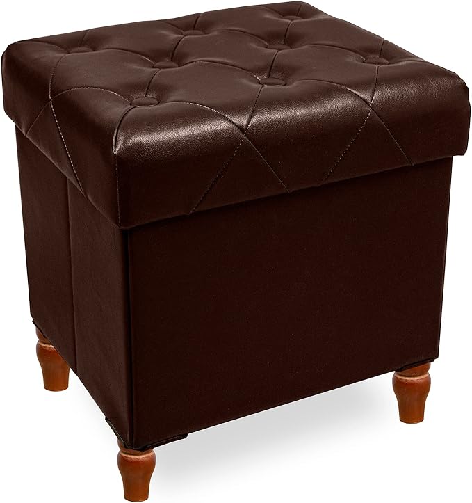 CAROLMADE Folding Storage Ottoman Cube PU Leather Footstool with Wood Legs Ottoman Footrest for Living Room and Bedroom Brown, 15x12.6 x 15.4”