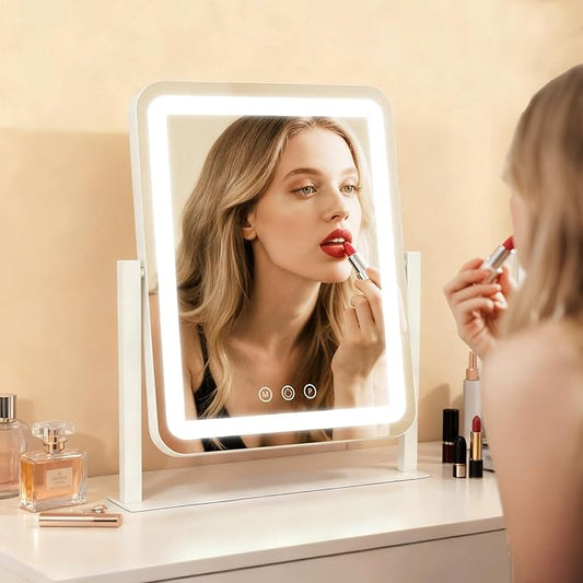 ROLOVE Vanity Mirror with Lights 13x16 Inch, Smart Touch Control, 3 Color Lighting Modes, Table Top Mirror with Stand for Bedroom