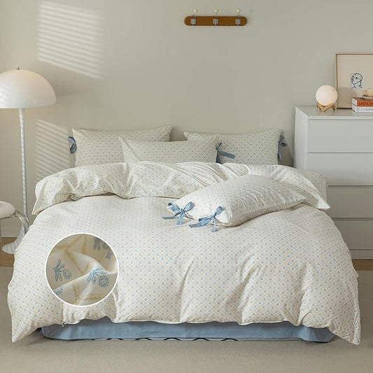 mixinni Blue Floral Duvet Cover Twin Size- 3 Piece Cottagecore Bedding Set with Bow Ties & Zipper Closure, 100% Cotton Soft Aesthetic Comforter Cover for Girls, Lightweight Breathable Country Style
