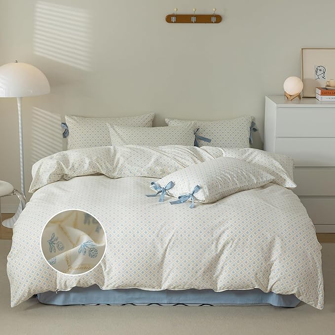 mixinni Blue Floral Duvet Cover Set King - 3 Piece Cottagecore Bedding Set with Bow Ties & Zipper Closure, 100% Cotton Soft Aesthetic Comforter Cover for Girls, Lightweight Breathable Country Style
