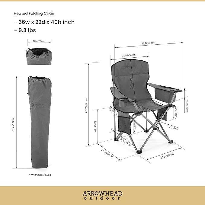ARROWHEAD OUTDOOR 2-Pack Heated Folding Camping Chair with Cooler, 3 Heat Settings, Cup & Wine Glass Holder, Carrying Bag, Battery NOT Included, Supports up to 330lbs