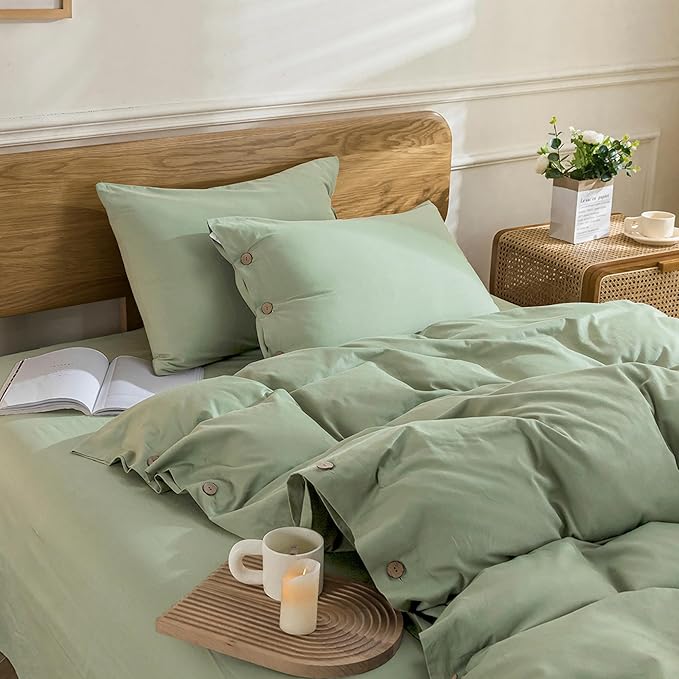 JELLYMONI Cotton Duvet Cover Queen Size - Light Green Comforter Cover with Button 100% Washed Cotton 3PCS Breathable Soft Solid Bedding Set Duvet Cover 90×90in & 2 Pillowcases (NO Comforter)