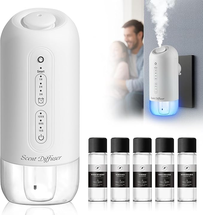 Plug in Diffuser Starter Kit - Waterless Scent Diffuser with 5 Essential Oils, 700 Sq Ft Coverage, Smart Wall Design, Cold-Air Mist, 3 Mist Levels & Blue Ambient Light for Home or Small Spaces, White
