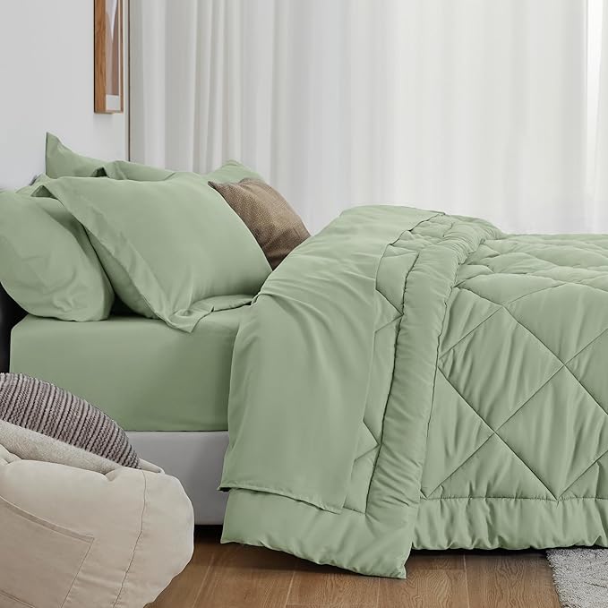 Love's cabin Full Comforter Set Sage, 7 Pieces Full Bed in a Bag, All Season Bedding Sets with 1 Comforter, 1 Flat Sheet, 1 Fitted Sheet, 2 Pillowcase and 2 Pillow Sham