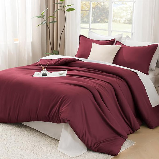 Litanika Comforter Set, Lightweight Solid Bedding Comforter Set, Fluffy Down Alternative Bed Set, Burgundy, Queen