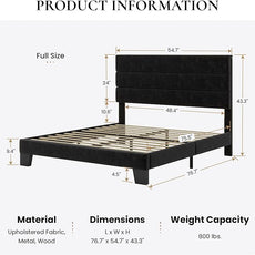 SHA CERLIN Full Platform Bed Frame with Velvet Upholstered Headboard, Mattress Foundation with Strong Wooden Slats Support, No Box Spring Needed, Black
