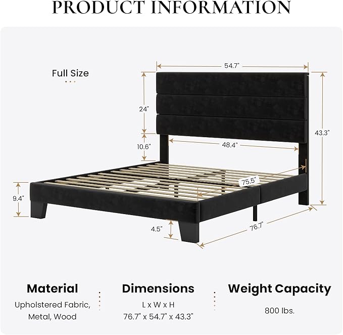 SHA CERLIN Full Platform Bed Frame with Velvet Upholstered Headboard, Mattress Foundation with Strong Wooden Slats Support, No Box Spring Needed, Black