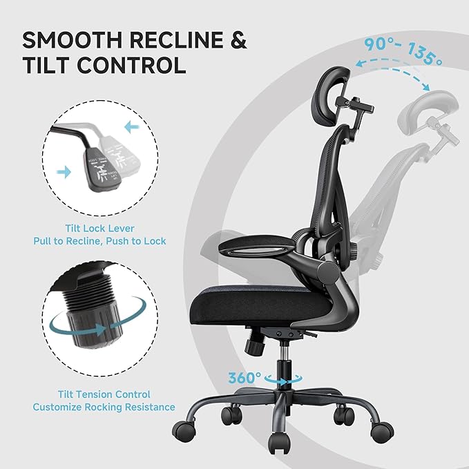 Ergonomic Office Chair, 330 lbs Home Mesh Desk Office Chair with Adjustable Lumbar Support & Headrest, Flip-up Armrests for Long Hours, Black